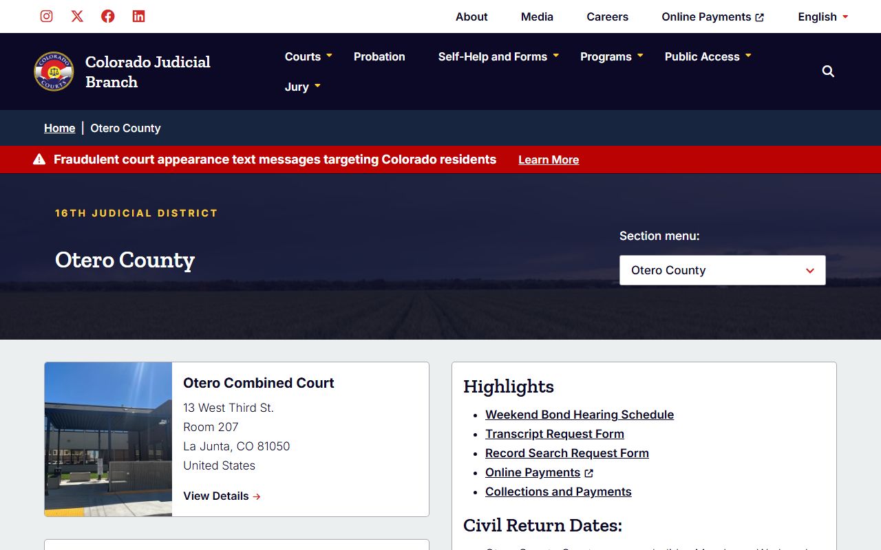 Otero County Judicial Branch court page with docket and records links