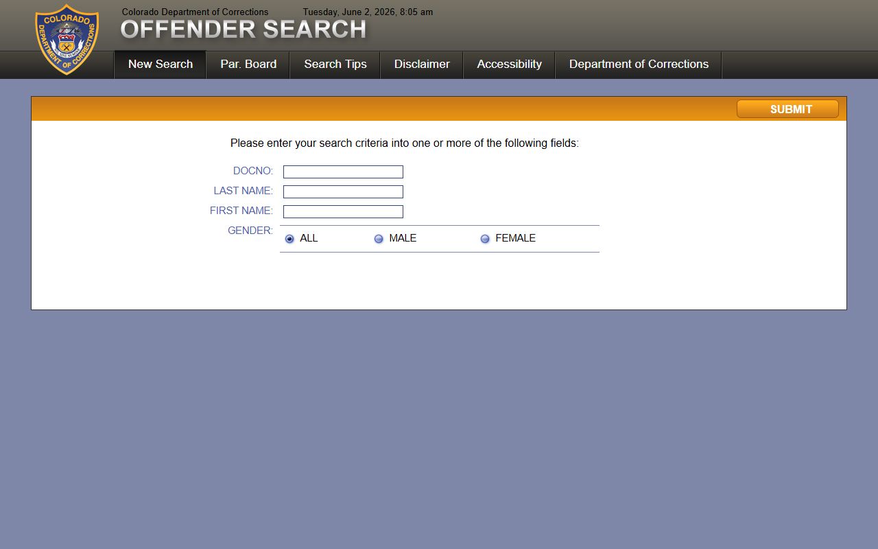Colorado CDOC offender search fields for Otero County sentenced inmate lookup