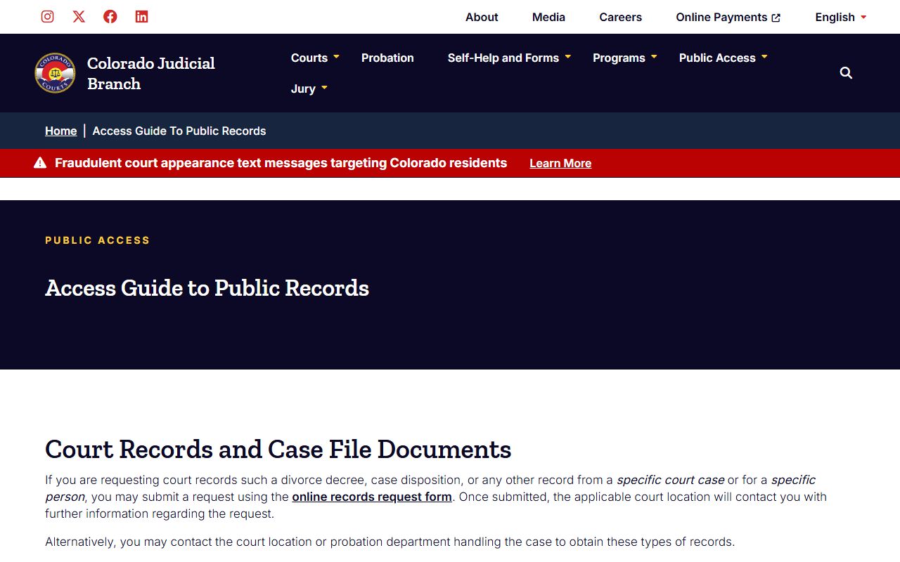 Colorado Judicial Branch access guide for court records and register of actions vendors